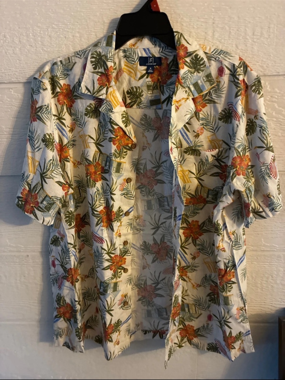 George White Short-Sleeve Button-Down with Orange Floral & Green Leaf Print
